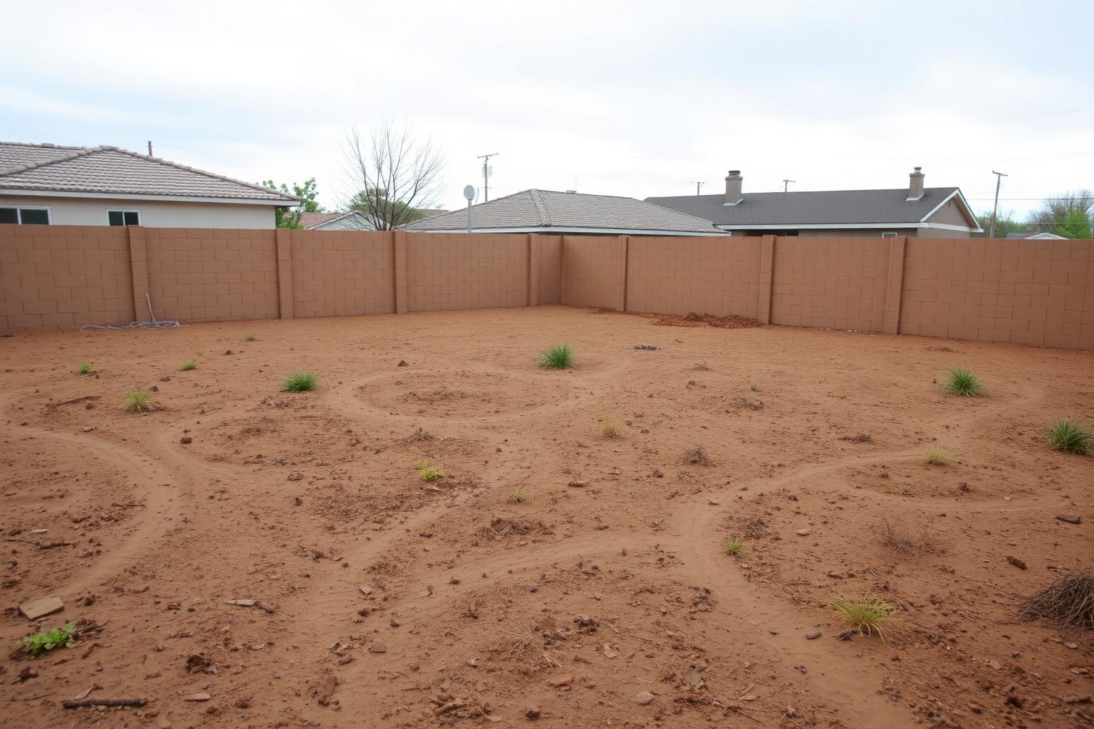 Bare dirt backyard before landscaping