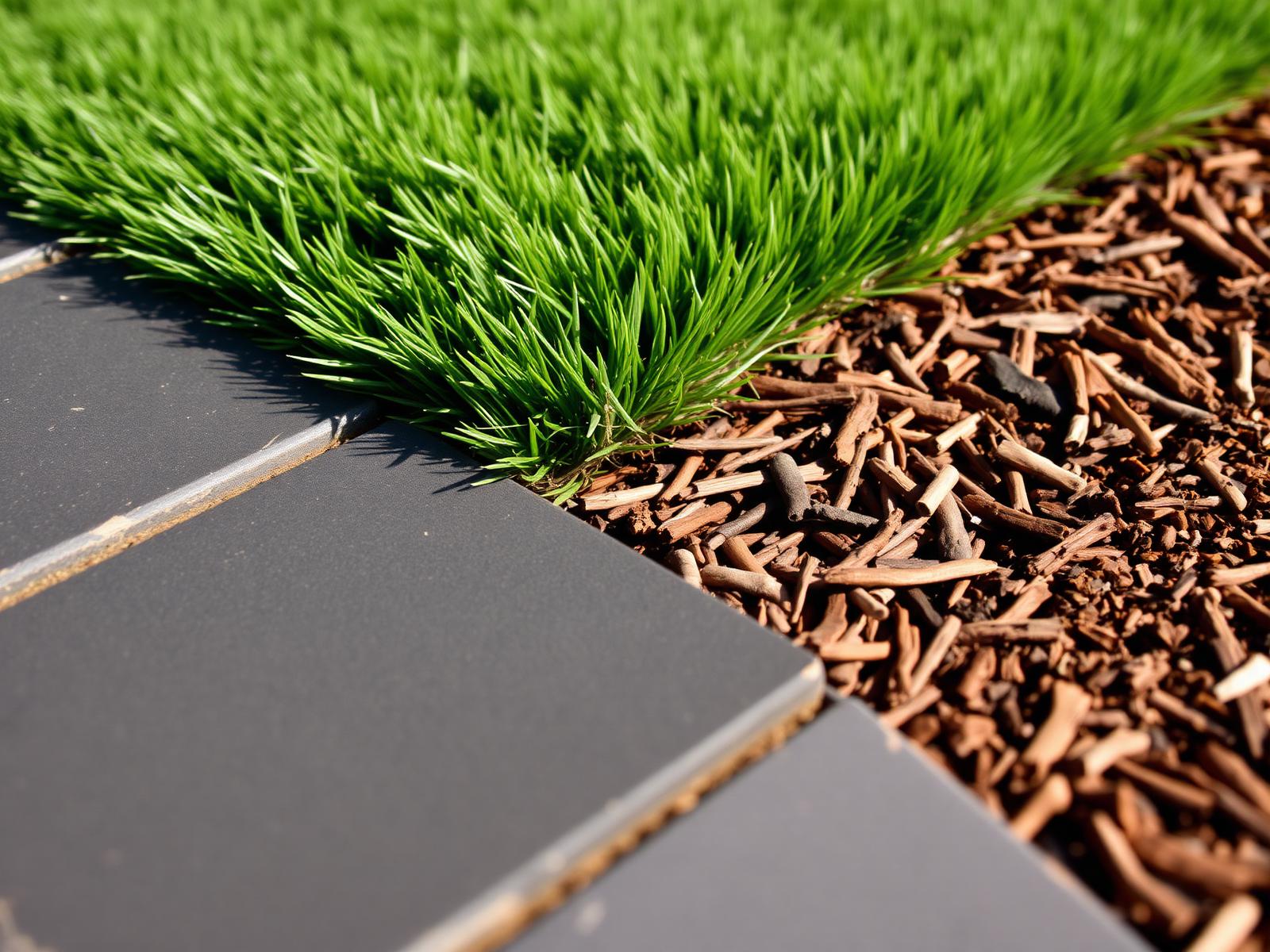 Charcoal paver border meeting artificial turf and a bark planting bed