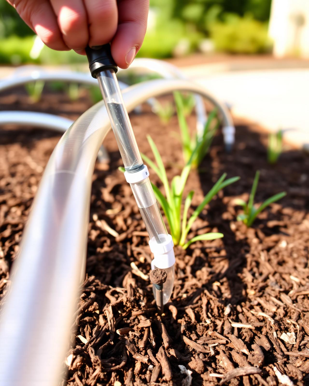Drip irrigation tubing installed in a bark planting bed