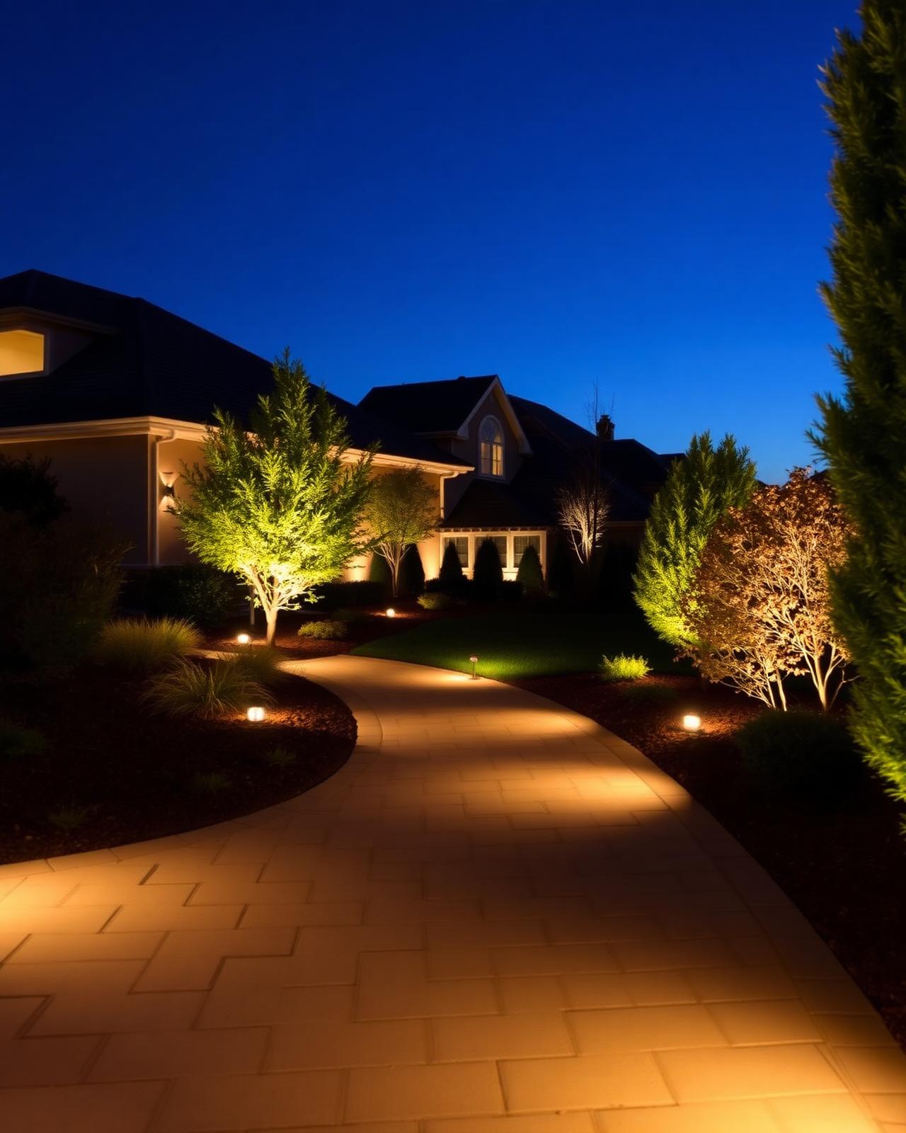 Warm landscape lighting along a paver walkway at dusk