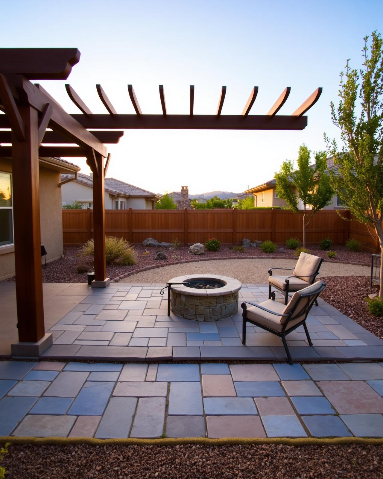 Paver patio with stone fire pit under a pergola