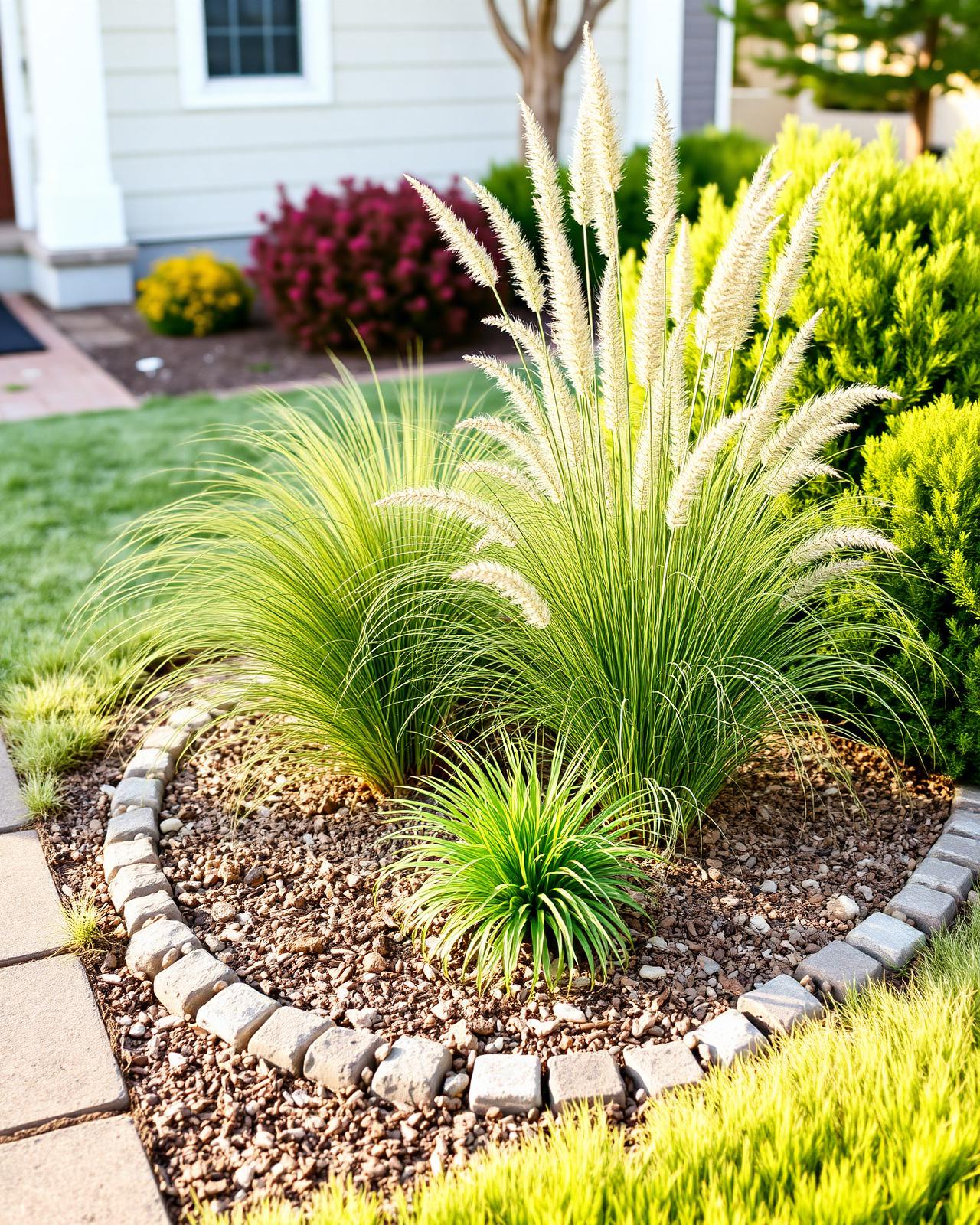Ornamental grasses and shrubs planted in a bark bed