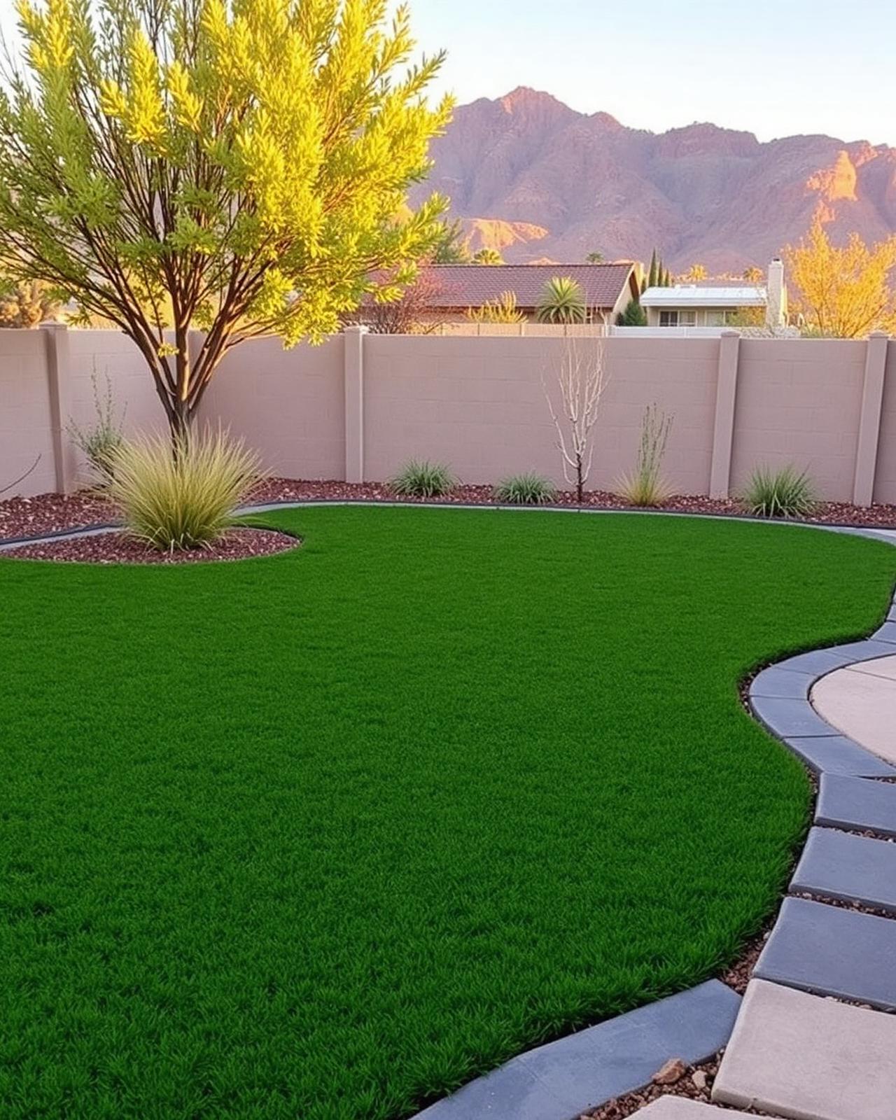 Artificial turf lawn with a charcoal paver border