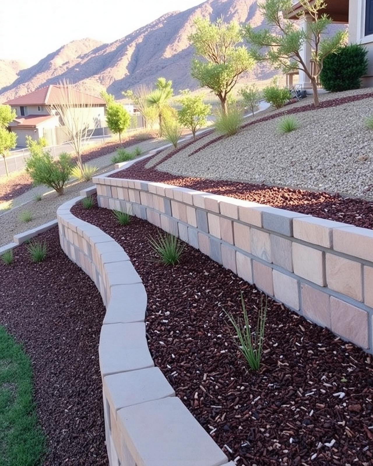 Tan and gray block retaining wall with bark planting beds