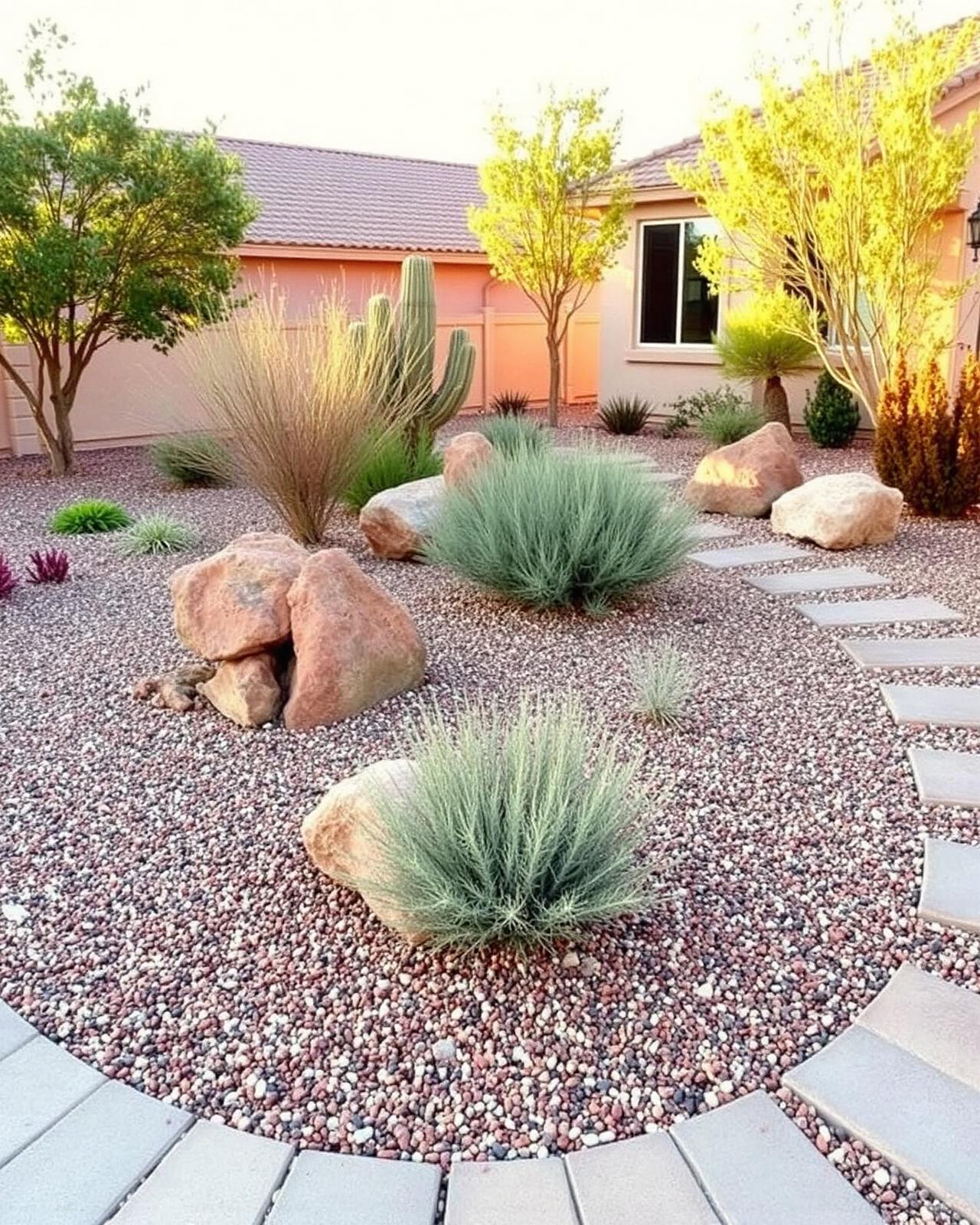 Gravel xeriscape yard with drought tolerant shrubs and boulders